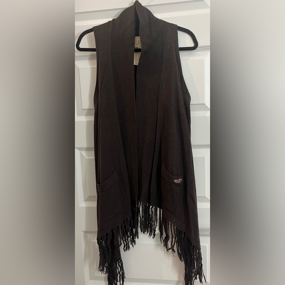 Hollister Brown Fringe Hi-Low Open Flowy Vest size M/L